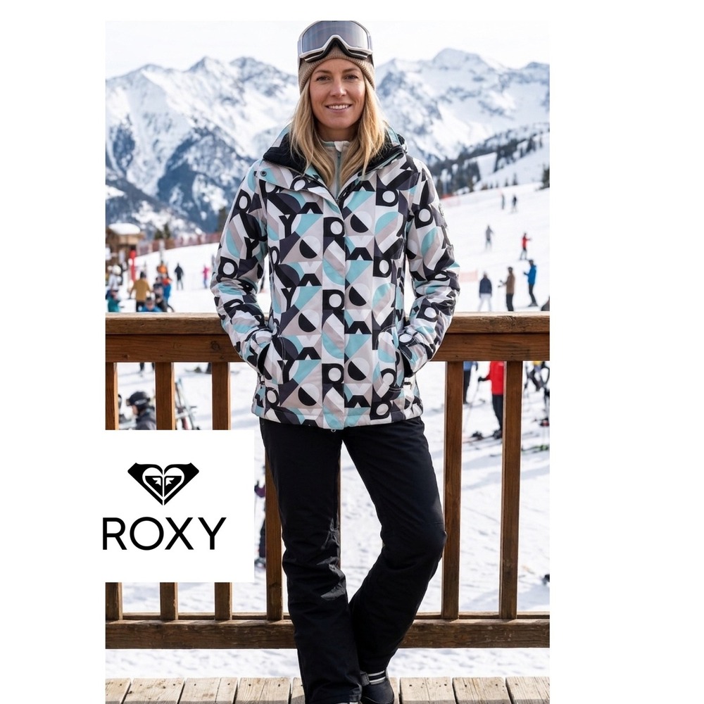 Roxy DryFlight 5K Snow Jacket Women Small Geometric Logo Print Blue Grey Hooded